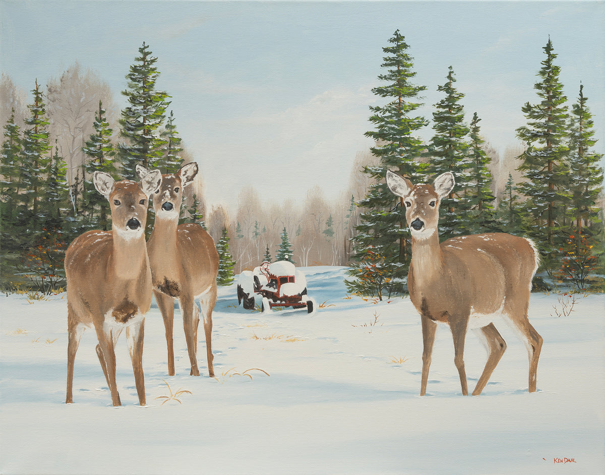 Moments – oil painting by Ken Dahl: three white-tailed deer standing in the snow in front of evergreens and an old red tractor covered in snow