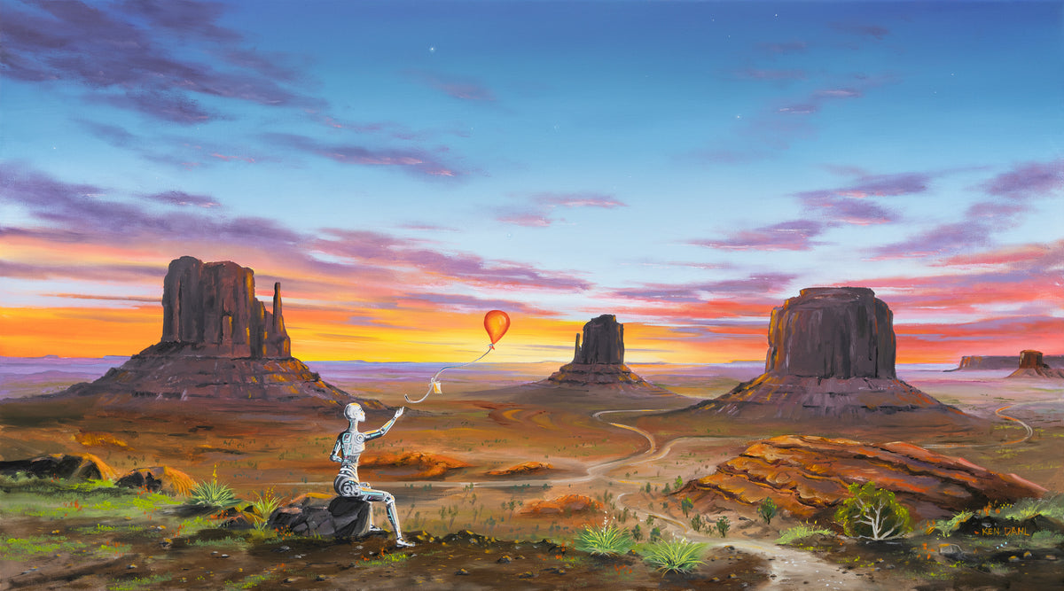 Come Find Me – oil painting by Ken Dahl: a white android seated among desert buttes at sunset, looking toward a hot air balloon in the distance