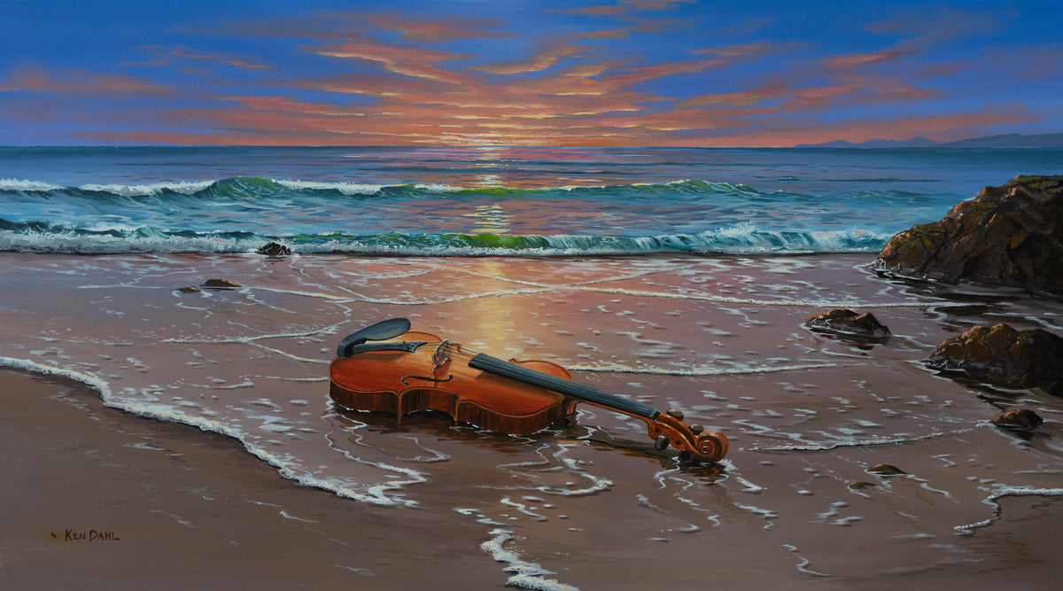 Ocean Sounds – oil painting by Ken Dahl: a violin lying in the wet sand at the water's edge as waves roll in at sunset, with dark rocks to the right and a pink and orange sky over the ocean