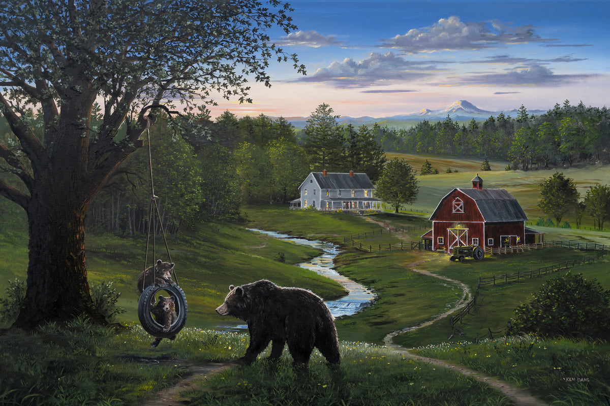 After Hours on the Farm – oil painting by Ken Dahl: a mother bear watches her two cubs play on a tire swing beneath a large tree, with a stream winding past a white farmhouse and red barn toward snow-capped Mount Rainier at dusk