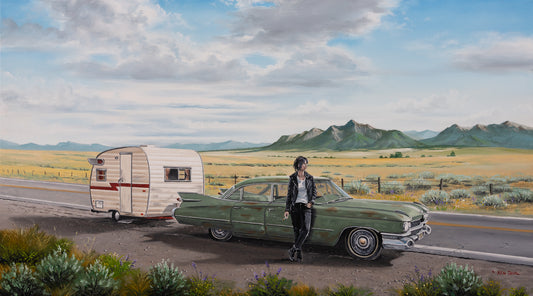 Where No One Knows My Name – oil painting by Ken Dahl: a woman in a black leather jacket leans against a weathered green 1959 Cadillac Coupe DeVille towing a vintage camper trailer, parked on a two-lane highway across the Montana plains with mountains and a cloudy sky beyond